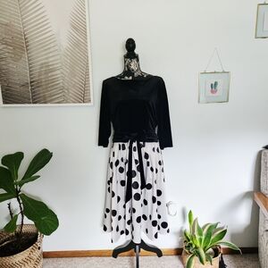 DressV Black Velvet Top Polka Dot Midi Dress with Tie Waist